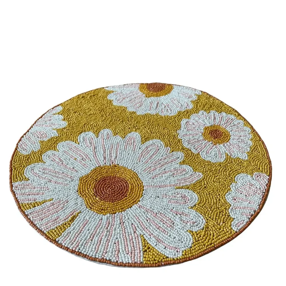 RACHEL ZOE Glass Hand Beaded Charger Placemat Bright Yellow & White Floral NEW